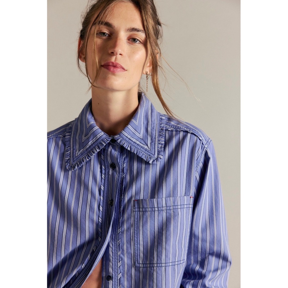 Free People We The Free Moxley Striped Shirt Blue White Frill Collar XL - Picture 3 of 8
